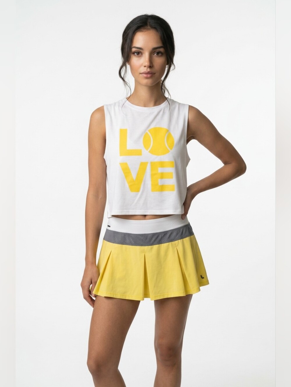 good hYOUman White Crop Tank with Yellow LOVE Tennis Graphic